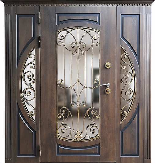 Входная парадная группа МДФ шпон с терморазрывом, ковкой, стеклопакетами и карнизом