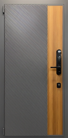 Стальная квартирная дверь с серыми панелями МДФ RAL + ПВХ и биометрическим замком