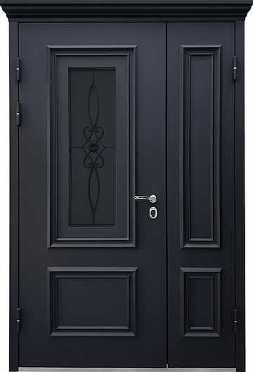 Морозоустойчивая полуторная термодверь с карнизом, металлобагетом, стеклом, ковкой и черным порошковым напылением